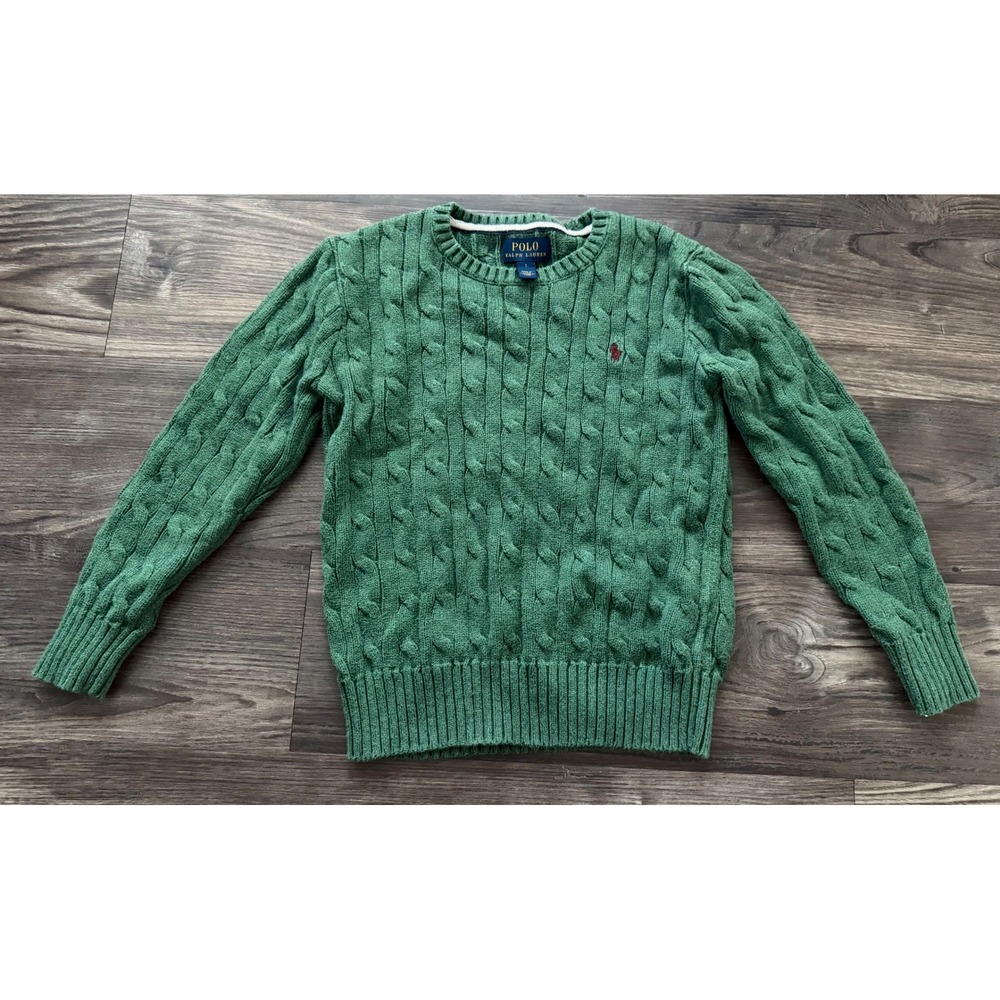 Polo Ralph Lauren Kids Green Cable Knit Cotton Sweater Red Pony Size 7